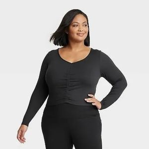 NEW All in Motion Womens Flex Shirred Cropped Long Sleeve T-Shirt Black XXL